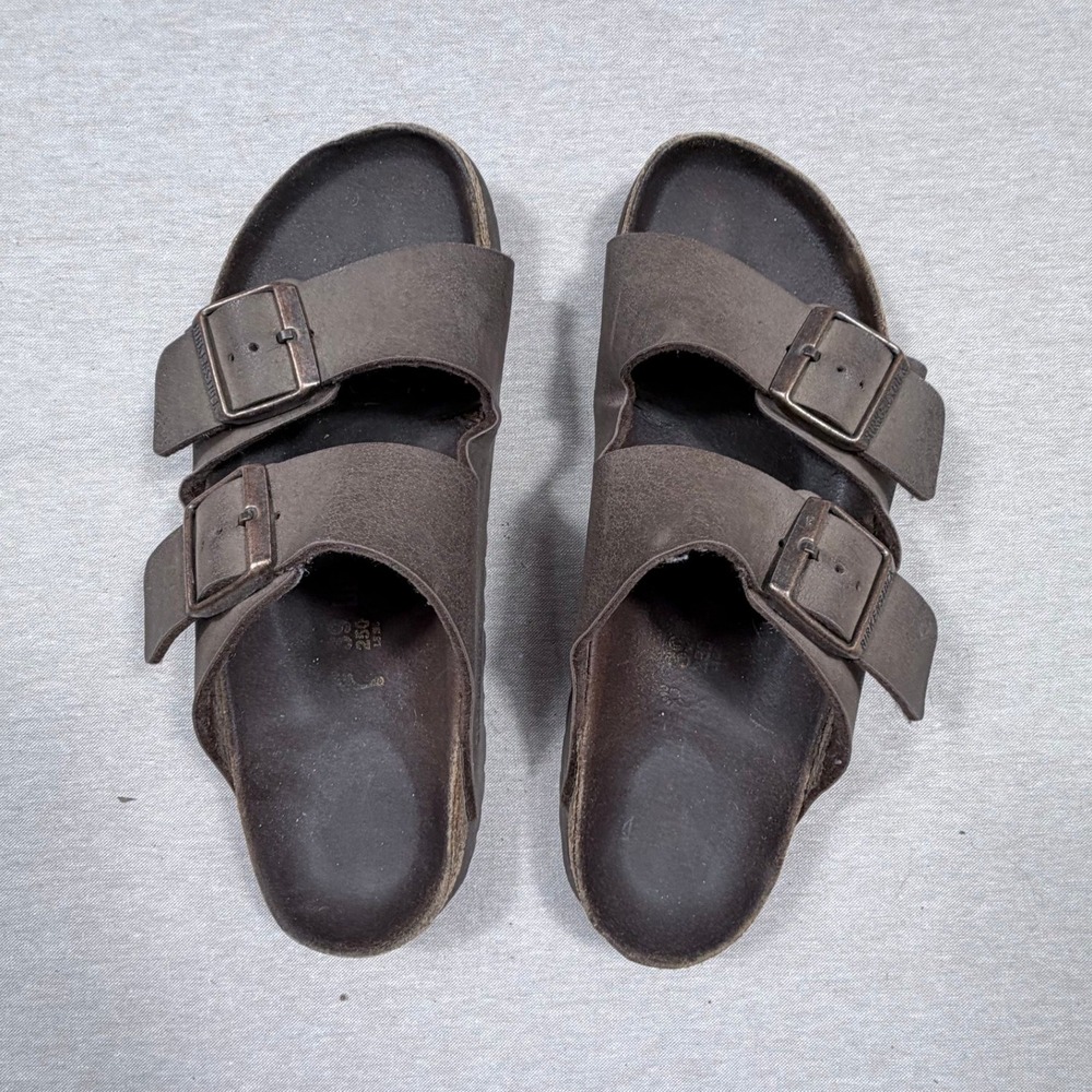 Birkenstock Sandal Brown Taupe Beige 2 Strap Slide Slip On Leather Shoe